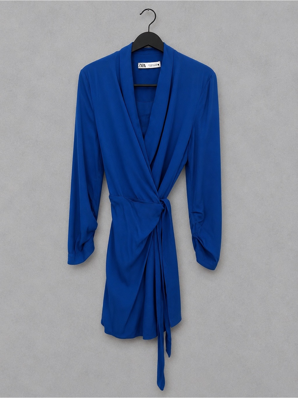 Zara Blue Wrap Mini Dress Long Sleeve Tie Waist Ruched Sleeve Size M